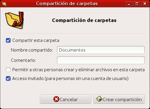 Configuración de la carpeta para compartirla en modo de solo lectura